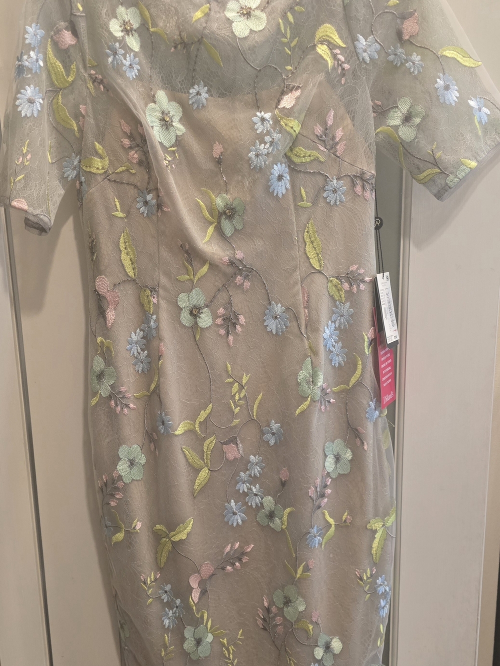 Adrianna Papell Gray Embroidered Floral Sheath Dress, Sequins, Soft Tones, NWT 4